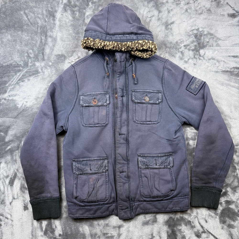 Abercrombie & Fitch Jacket Mens Medium Navy Sherpa Hood Utility Fleece Cargo